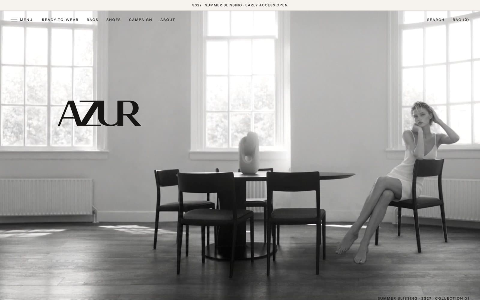 AZUR website: the cover with the model in a bright room with arched windows
